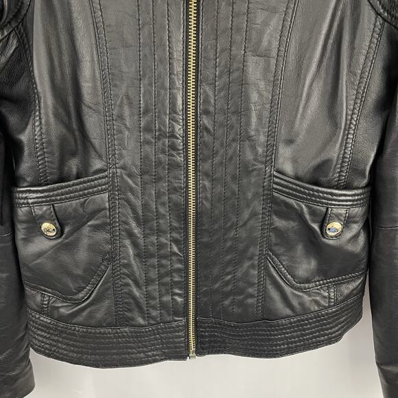 Michael Kors Womens Black Leather Jacket Size XS Classic Zip Up Party Evening - Picture 4 of 14